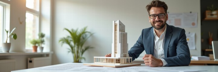 A confident architect presents a detailed building model in a well-lit office, showcasing creativity and professionalism in design.
