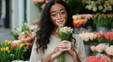Young african woman with vitiligo holding flowers in vibrant garden setting