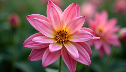 Obraz premium Close up of a beautiful pink flower blooming in a field of flowers, with a soft, warm light shining on it.