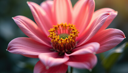 Close up of a beautiful pink flower blooming in a field of flowers, with a soft, warm light shining on it.