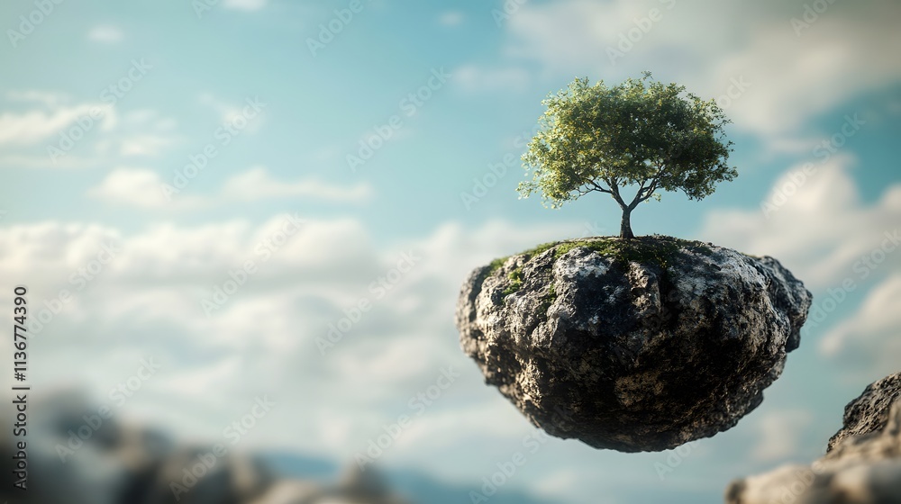 Poster a solitary green tree grows on a floating rocky island surrounded by soft clouds and a serene blue s