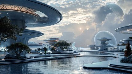 Futuristic cityscape with canals and flying saucer-shaped buildings at sunset