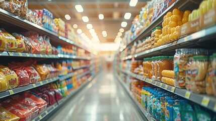 Fototapeta premium A grocery store aisle filled with colorful snacks and beverages.