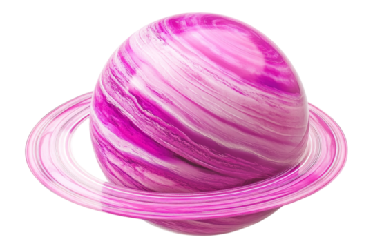 A pink planet with a ring, isolated on a transparent background, ideal for space, astronomy, or fantasy-themed designs.