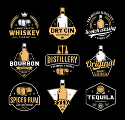 White and yellow alcoholic drinks and distillery logo isolated on a black background. Distillery and alcoholic drinks branding and design elements