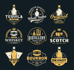 Vector alcoholic drinks and distillery vintage logo isolated on a dark background. Distillery, bar or pub branding and design elements