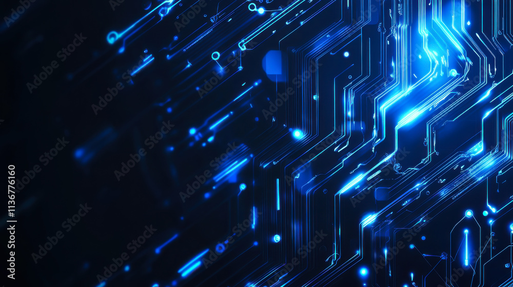 Poster digital circuit design with glowing blue lines creating an intricate pattern in a technological envi