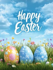 Colorful Watercolor Easter Eggs in Lush Grass with Happy Easter Text, art