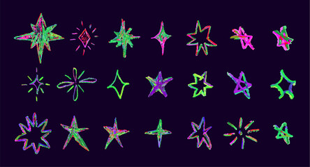 Set of colorful neon chalk drawing stars. Shine or sparkle doodle collection. Children style rainbow wax pencil handdrawing elements of night sky. Vector crayon scratch grunge texture star shapes