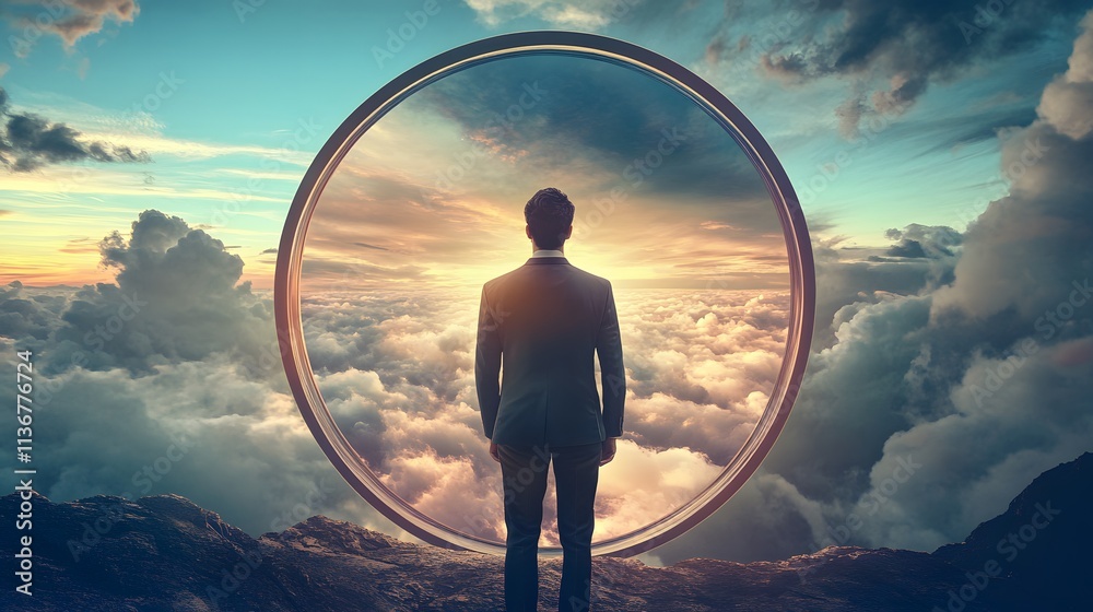 Aufkleber surreal landscape with a man standing at the edge of a cloudy abyss framed by a circular portal, evo