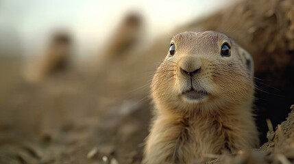 Fototapeta premium A curious prairie dog emerges from its burrow, capturing the essence of wildlife with its inquisitive expression.