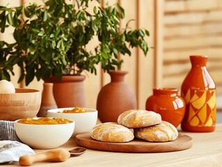 Rustic scene featuring handkneaded bread with plantbased spreads and dips