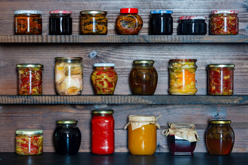 Many canned food in glass jars on wooden shelves in the cellar for winter consumption, closeup. Food preservation. Colorful pickled and fermented jars of vegetables, honey, jam and other products