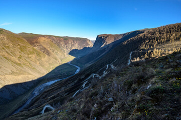 Picturesque view from the Katu-Yaryk pass to the Chulyshman River valley