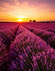 Obraz premium A serene lavender field at sunset, painted with soft purple and gold tones