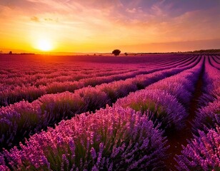 Obraz premium A serene lavender field at sunset, painted with soft purple and gold tones