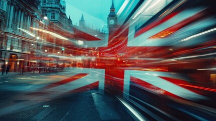 A vibrant long exposure shot of a bus speeding down a city street at night, with the Union Jack flag superimposed, creating a dynamic and patriotic image.