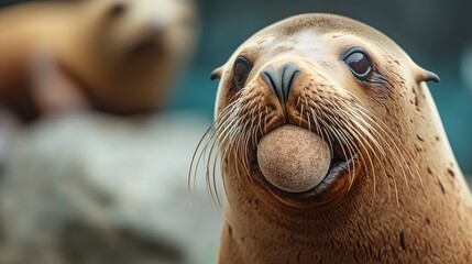 Naklejka premium A playful sea lion balancing a stone in its mouth, showcasing its jovial nature and lively spirit.