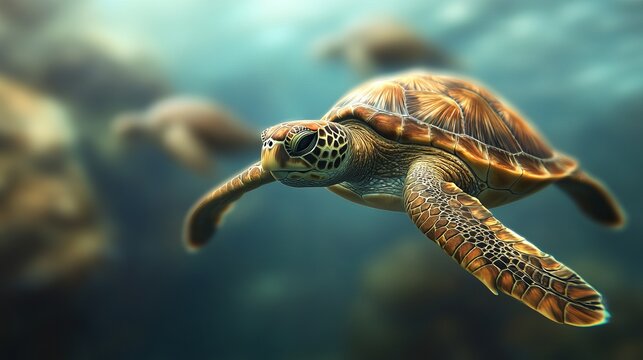 A graceful sea turtle swimming through vibrant ocean waters, showcasing its intricate shell patterns and serene movement.