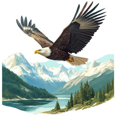 A view of a bird chirping in the sky over a river near a mountain pass isolated on a transparent background