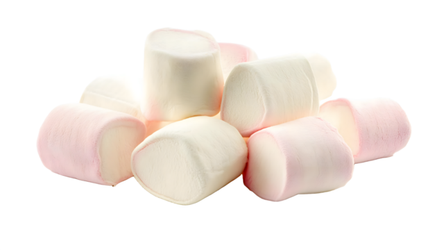 Close-up of soft, fluffy marshmallow pieces arranged in a pile on a clean white surface, emphasizing their airy texture and sweetness. PNG white transparent background