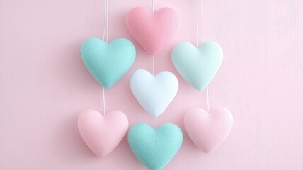 Valentine's Day and DIY gifts concept. Colorful hearts hanging on a pink background, ideal for Valentine's themes.