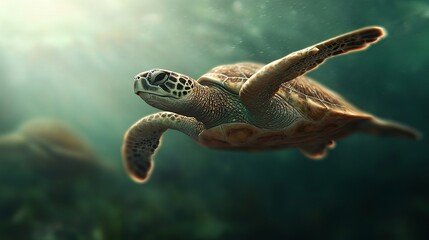 Fototapeta premium A majestic sea turtle gracefully glides through crystal-clear waters, showcasing its intricate shell and calm demeanor.