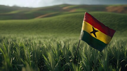 A weathered Ghanaian flag stands tall in a vibrant green field, bathed in the warm glow of the setting sun. The image evokes a sense of pride and agricultural heritage.