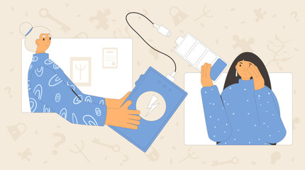 Burnout woman psychotherapy. Online counseling session with psychiatric. Tired character charge with psychologists. Client with empty battery indicator metaphor. Vector concept outline illustration.