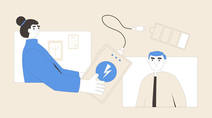 Burnout man therapy. Online counseling session with psychiatric. Tired character charge with psychologists. Male client with depression and empty battery indicator. Vector concept illustration.