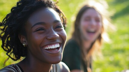 Obraz premium A group of friends enjoying a picnic, laughing together, natural sunlight, grassy park background,