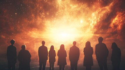 Fototapeta premium Silhouetted Figures Observe A Celestial Cosmic Event
