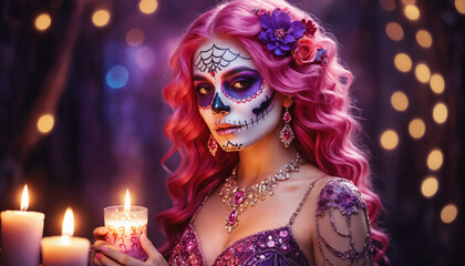 Obraz premium A stunning and mystical woman adorned with intricate sugar skull makeup, glowing pink hair cascading in elegant waves