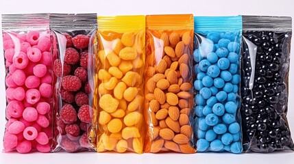 Colorful candies in clear plastic bags, organized by vibrant shades, perfect for party favors, candy stores, holiday events, festive celebrations, bright background, sweet theme, cheerful mood