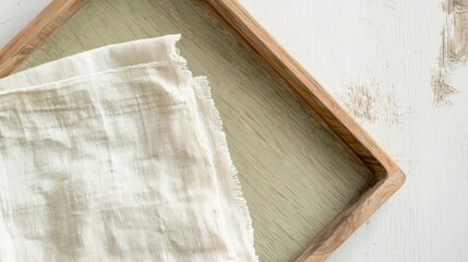 Top view of a rustic wooden tray with beige linen fabric, featuring soft textures and natural tones, ideal for product display or mockup. AI generative.