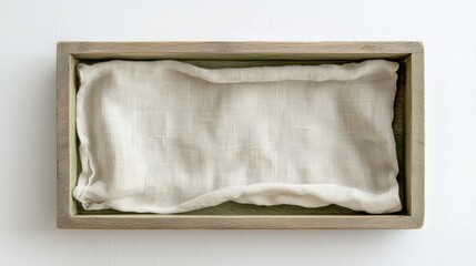 Empty wooden box lined with soft, wrinkled beige linen fabric, ideal for product presentation, packaging, or mockups in a minimalist style. AI generative.