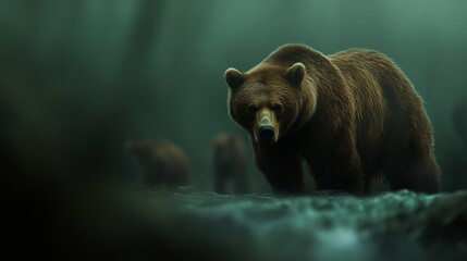 A majestic brown bear stands stoically amidst a misty forest, evoking a sense of power and tranquility.
