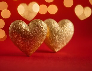 Obraz premium Happy birthday Valentine's Day wedding anniversary new year eve Christmas celebration golden shining heart isolated on red background romance love care concept