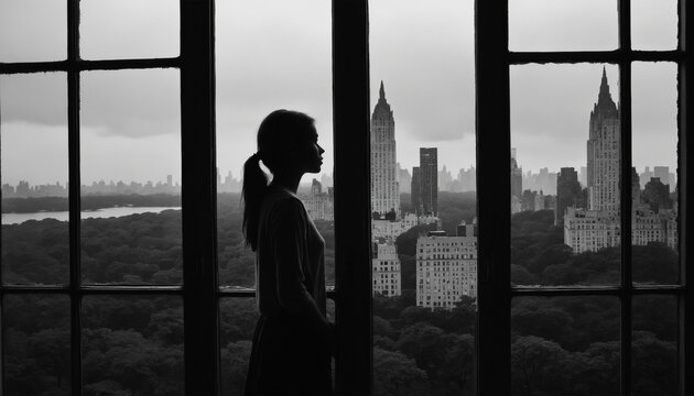 Fototapeta silhouette of a girl thinking about life seeing through her window of her apartment in Central Park New York at raining day at night in black and white