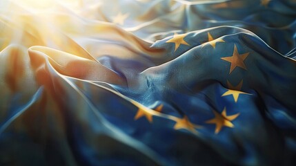 Obraz premium Close-up of a flowing European Union flag, bathed in warm, golden sunlight. The rich blue fabric and golden stars create a striking image.
