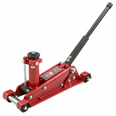 A red car jack, designed for lifting vehicles during repairs or tire changes