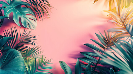A pink background with green leaves