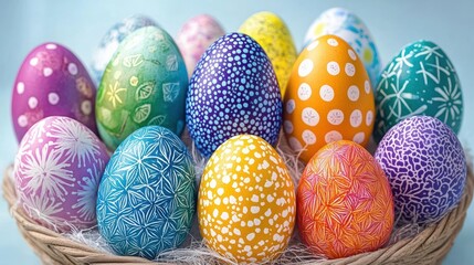 Fototapeta premium A Vibrant Collection of Colorful Patterned Easter Eggs on Display, selective focus
