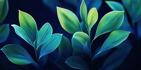 A close-up of large, dark green leaves with subtle blue highlights on the edges