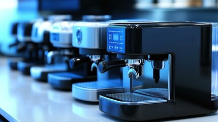 Modern black espresso machines brewing coffee in café setting, professional barista equipment for coffee shop, restaurant, coffee lovers, sleek design, stainless steel, cozy atmosphere, morning ritua