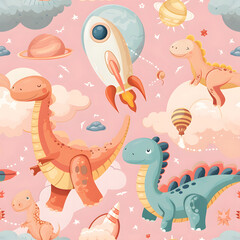 Dreamy Dinosaurs and Space Escapades - Seamless Pattern