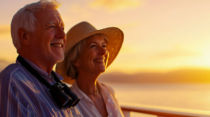 Fototapeta premium Senior Couple Smiling Together on Cruise Ship Deck at Sunset