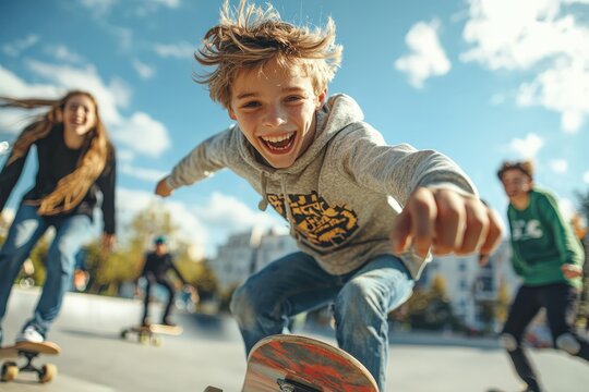 A group of teenagers skateboarding at a park, excited expression, natural daylight, urban street background,