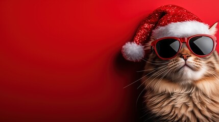 Festive cat wearing sunglasses and a Santa hat against a bright red background perfect for holiday advertising