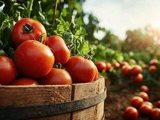 A basket of ripe tomatoes surrounded by green leaves in a field.